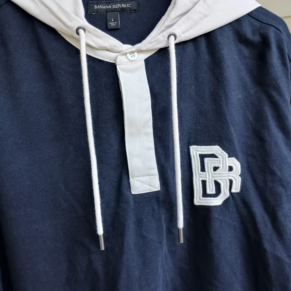 Banana Republic 100% Cotton Navy Blue and White Hoodie with Logo_Large